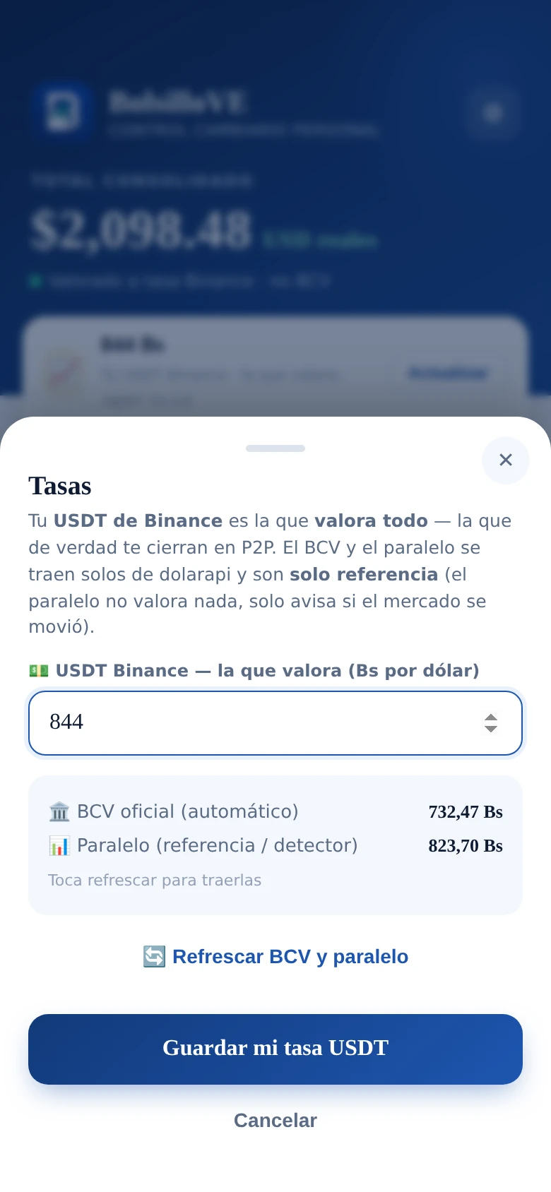 Pantalla Tasas de BolsilloVE: campo para guardar tu tasa USDT de Binance, con el BCV oficial automático y el paralelo de referencia debajo.